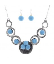 Fluffy Balls Attached Vintage Alloy Fashion Necklace and Earrings Set - Blue