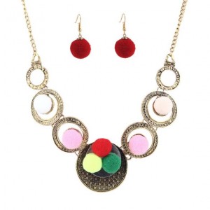 Fluffy Balls Attached Vintage Alloy Fashion Necklace and Earrings Set - Multicolor