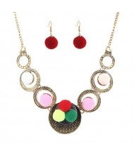 Fluffy Balls Attached Vintage Alloy Fashion Necklace and Earrings Set - Multicolor