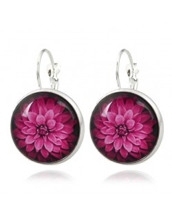 Dimensional Glass Flower Round Gem Pendant Fashion Clip Earrings - Silver