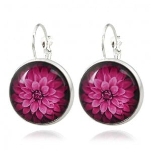 Dimensional Glass Flower Round Gem Pendant Fashion Clip Earrings - Silver