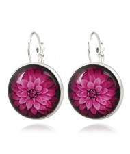 Dimensional Glass Flower Round Gem Pendant Fashion Clip Earrings - Silver