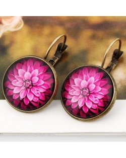 Dimensional Glass Flower Round Gem Pendant Fashion Clip Earrings - Vintage Copper