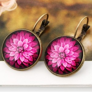 Dimensional Glass Flower Round Gem Pendant Fashion Clip Earrings - Vintage Copper