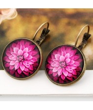 Dimensional Glass Flower Round Gem Pendant Fashion Clip Earrings - Vintage Copper