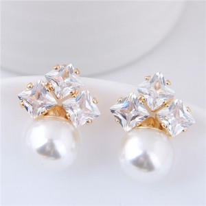 Shining Cubic Zirconia Decorated Pearl Fashion Statement Stud Earrings - White