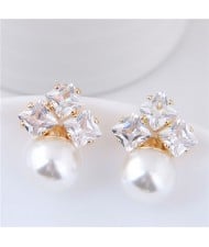 Shining Cubic Zirconia Decorated Pearl Fashion Statement Stud Earrings - White
