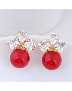 Shining Cubic Zirconia Decorated Pearl Fashion Statement Stud Earrings - Red
