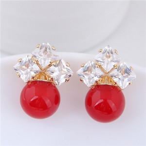 Shining Cubic Zirconia Decorated Pearl Fashion Statement Stud Earrings - Red