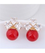 Shining Cubic Zirconia Decorated Pearl Fashion Statement Stud Earrings - Red