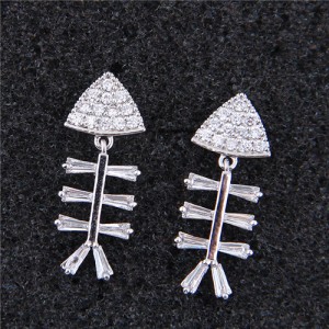 Fish Bone Cubic Zirconia Shining Fashion Statement Earrings