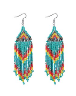 Assorted Mini-beads Tassel Bohemian Fashion Statement Earrings - Teal