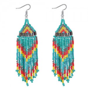 Assorted Mini-beads Tassel Bohemian Fashion Statement Earrings - Teal