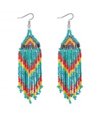 Assorted Mini-beads Tassel Bohemian Fashion Statement Earrings - Teal