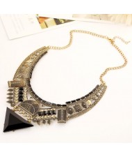 Triangle Gem Decorated Vintage Arch Design Alloy Statement Necklace - Golden and Black