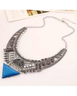 Triangle Gem Decorated Vintage Arch Design Alloy Statement Necklace - Silver and Blue
