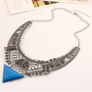 Triangle Gem Decorated Vintage Arch Design Alloy Statement Necklace - Silver and Blue