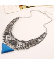 Triangle Gem Decorated Vintage Arch Design Alloy Statement Necklace - Silver and Blue