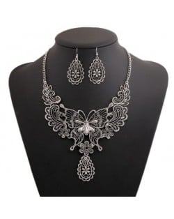 Hollow Butterfly and Flower Vintage Fashion Chunky Statement Necklace and Earrings Set - Silver