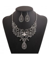 Hollow Butterfly and Flower Vintage Fashion Chunky Statement Necklace and Earrings Set - Silver