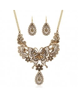 Hollow Butterfly and Flower Vintage Fashion Chunky Statement Necklace and Earrings Set - Golden
