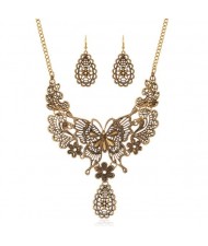 Hollow Butterfly and Flower Vintage Fashion Chunky Statement Necklace and Earrings Set - Golden