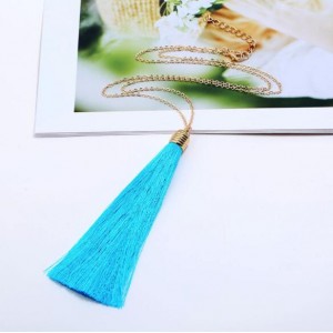 Cotton Threads Tassel High Fashion Long Chain Statement Necklace - Sky Blue
