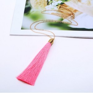 Cotton Threads Tassel High Fashion Long Chain Statement Necklace - Pink