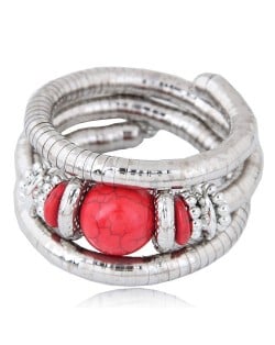 Artificial Turquoise Embellished Triple Layers Chunky Fashion Alloy Bracelet - Red