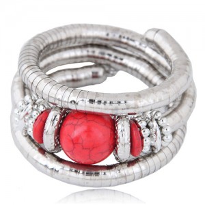 Artificial Turquoise Embellished Triple Layers Chunky Fashion Alloy Bracelet - Red