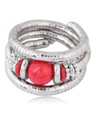 Artificial Turquoise Embellished Triple Layers Chunky Fashion Alloy Bracelet - Red