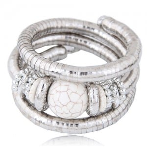 Artificial Turquoise Embellished Triple Layers Chunky Fashion Alloy Bracelet - White