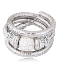 Artificial Turquoise Embellished Triple Layers Chunky Fashion Alloy Bracelet - White