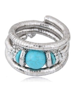 Artificial Turquoise Embellished Triple Layers Chunky Fashion Alloy Bracelet - Blue