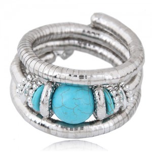 Artificial Turquoise Embellished Triple Layers Chunky Fashion Alloy Bracelet - Blue