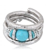 Artificial Turquoise Embellished Triple Layers Chunky Fashion Alloy Bracelet - Blue