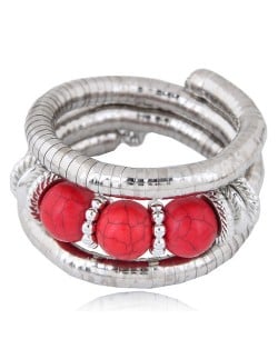 Triple Artificial Turquoise Beads Embellished Multi-layer High Fashion Alloy Bracelet - Red