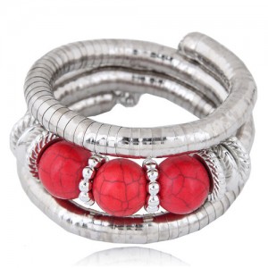 Triple Artificial Turquoise Beads Embellished Multi-layer High Fashion Alloy Bracelet - Red