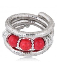 Triple Artificial Turquoise Beads Embellished Multi-layer High Fashion Alloy Bracelet - Red