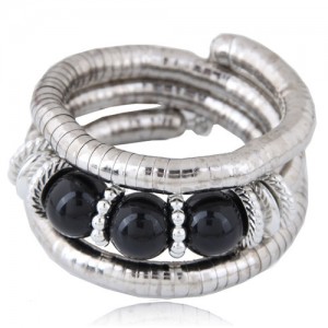 Triple Artificial Turquoise Beads Embellished Multi-layer High Fashion Alloy Bracelet - Black