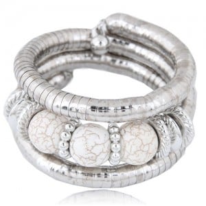 Triple Artificial Turquoise Beads Embellished Multi-layer High Fashion Alloy Bracelet - White