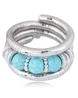 Triple Artificial Turquoise Beads Embellished Multi-layer High Fashion Alloy Bracelet - Blue