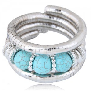 Triple Artificial Turquoise Beads Embellished Multi-layer High Fashion Alloy Bracelet - Blue