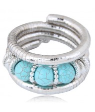 Triple Artificial Turquoise Beads Embellished Multi-layer High Fashion Alloy Bracelet - Blue