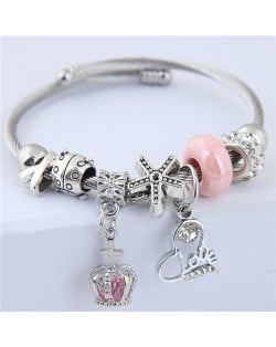 Love Heart and Crown Pendants Beads Fashion Alloy Bracelet - Pink