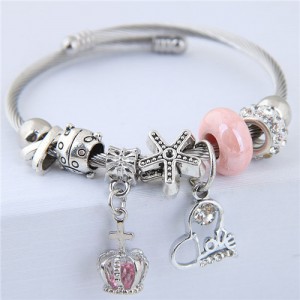 Love Heart and Crown Pendants Beads Fashion Alloy Bracelet - Pink