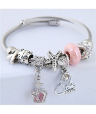 Love Heart and Crown Pendants Beads Fashion Alloy Bracelet - Pink