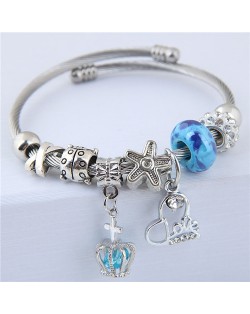 Love Heart and Crown Pendants Beads Fashion Alloy Bracelet - Blue