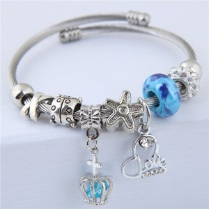 Love Heart and Crown Pendants Beads Fashion Alloy Bracelet - Blue