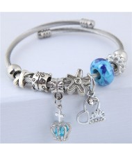 Love Heart and Crown Pendants Beads Fashion Alloy Bracelet - Blue